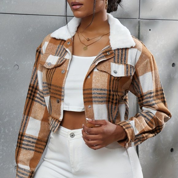 Boho Button Plaid Faux Fur Collar Jacket, Casual Long Sleeve Crop Jacket - Picture 4 of 10